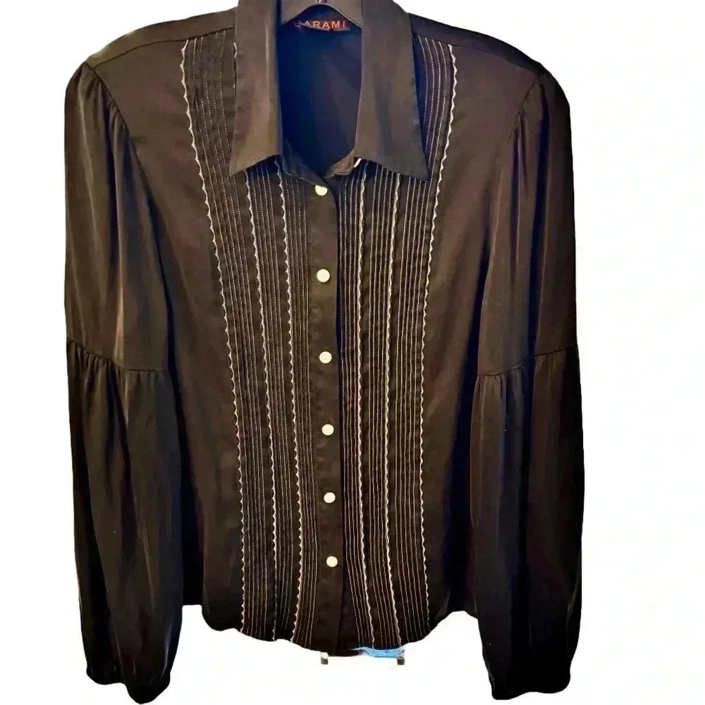 Barami Black & White SILK Pleated Button Down Top with puff long sleeves Size M